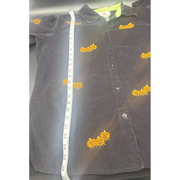 VTG Quacker Factory Black Corduroy Embroidered Pumpkin Halloween Shirt Blouse M - Picture 4 of 10